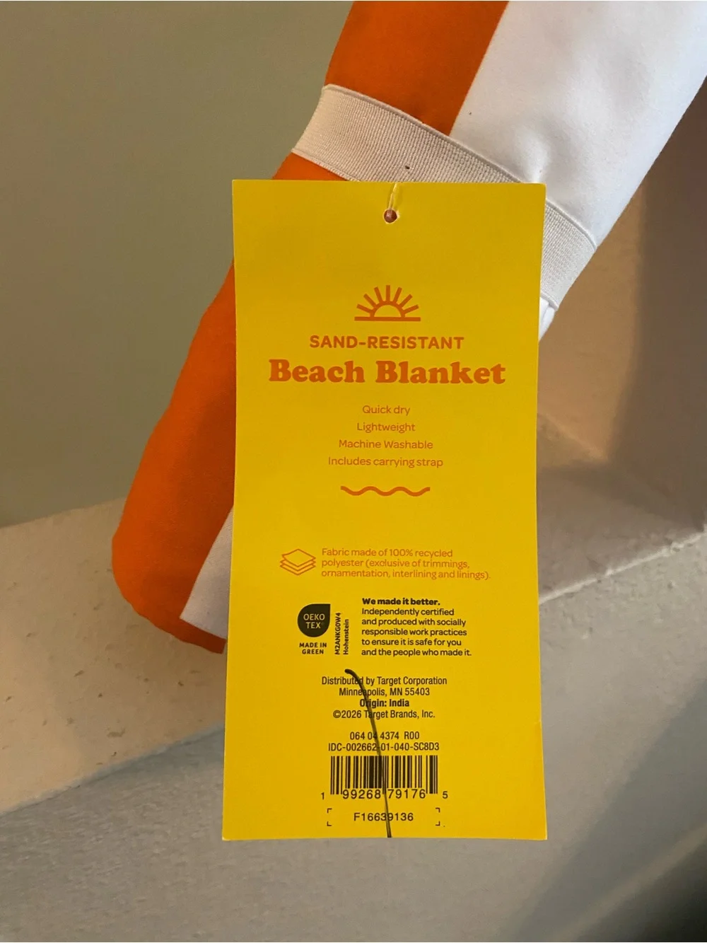 Sun Squad. Orange/ White/burgundy Beach Blanket. 60X60. New. Sand Resistant.